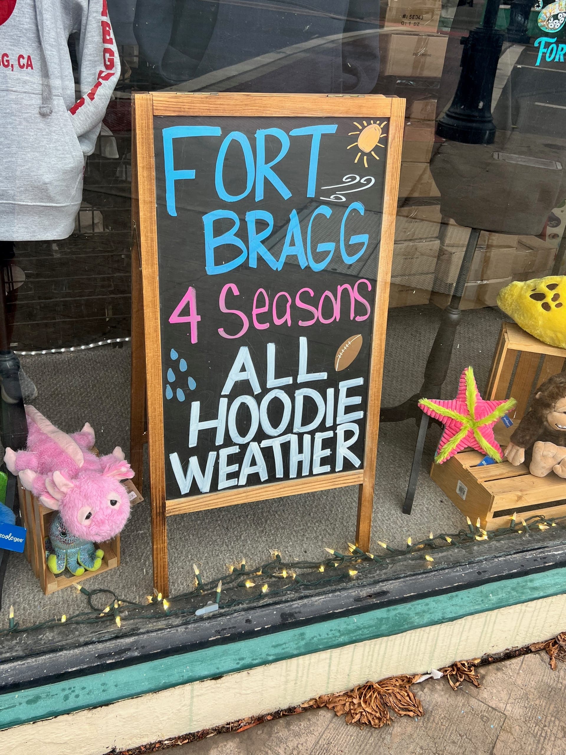 A sign in a store window that says "Fort Bragg, Four Seasons, All Hoodie Weather"