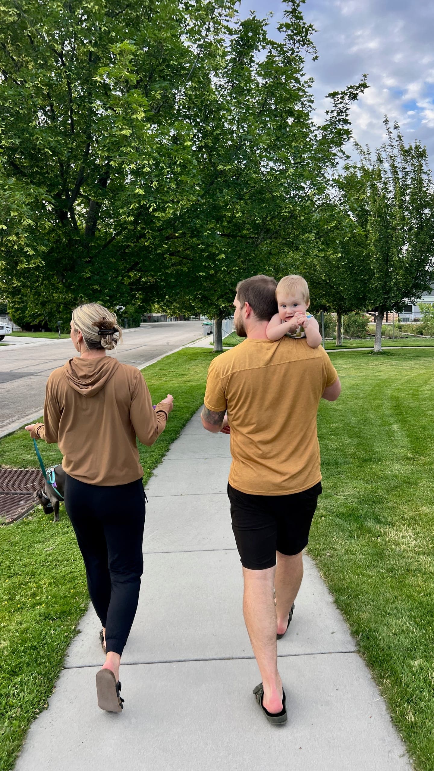 Kayti and Jake walking with Lola and Ziggy in the park.