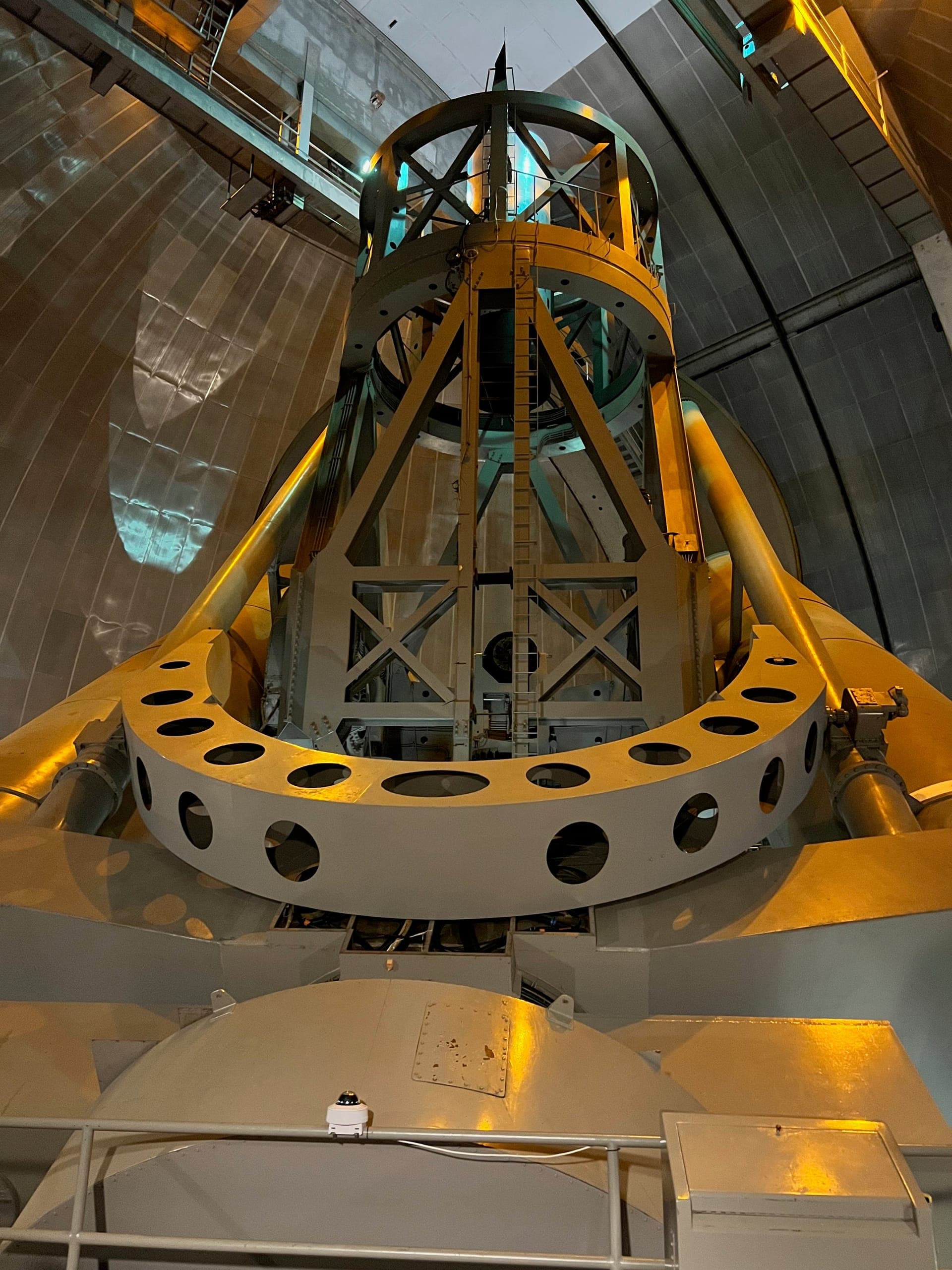 The operator's cage at the top of the Hale telescope viewed from the catwalk on the inside of the dome.