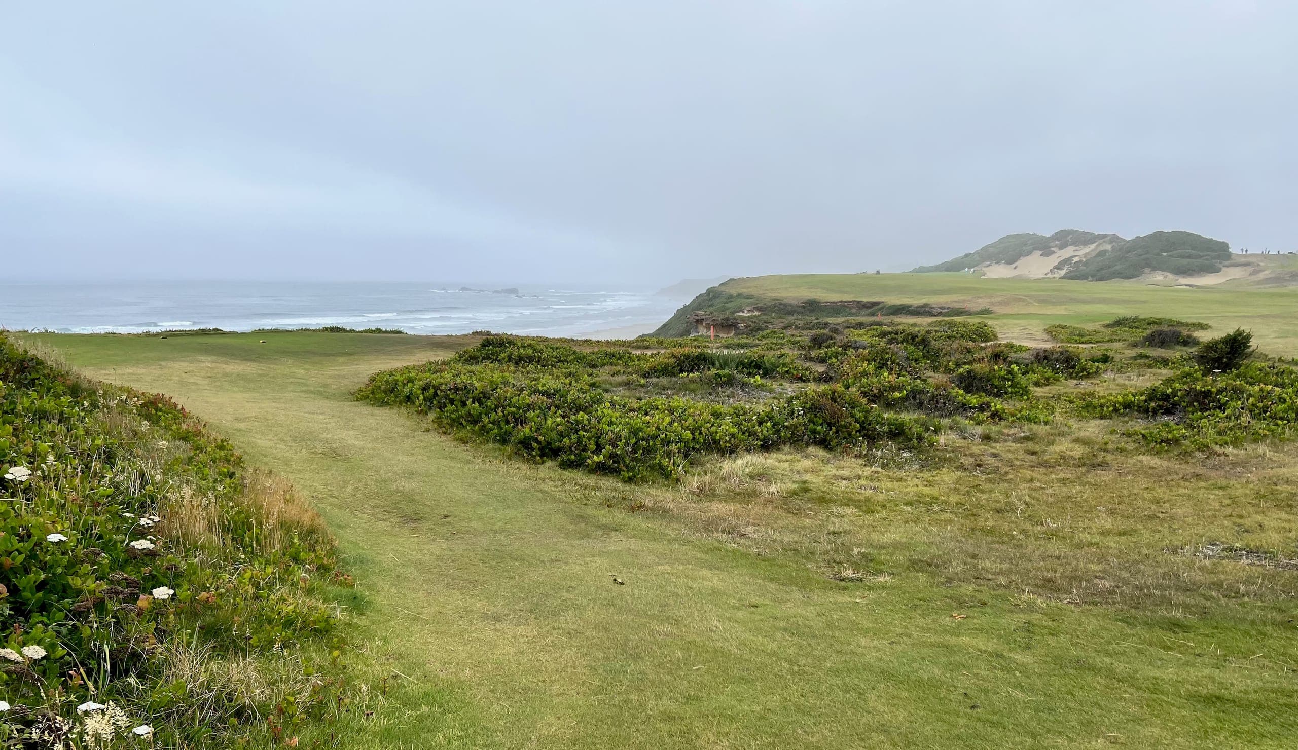 Path towards the greens Pacific Dunes with the ocean in the background.