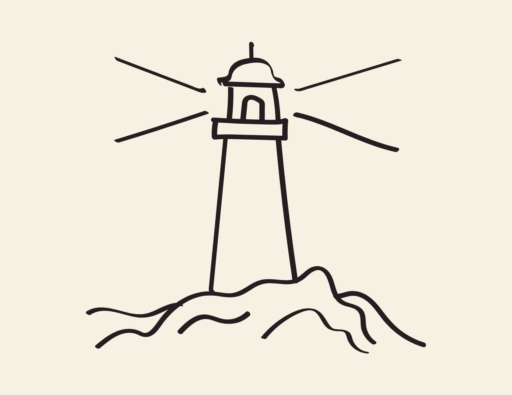 Line drawing of a lighthouse shining over rocky waves — a placeholder until we visit Fort Bragg.