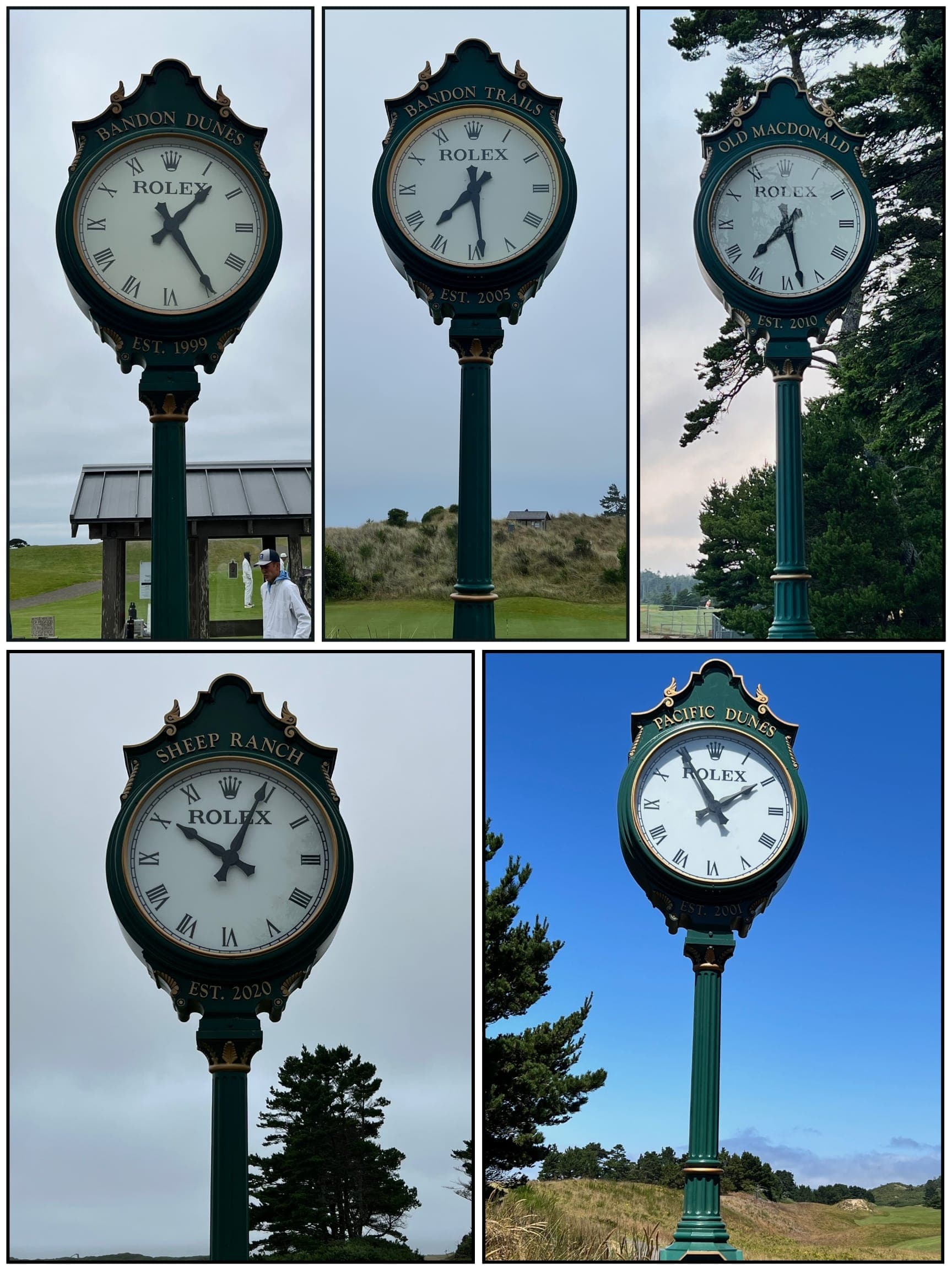 A collage of the Rolex clock at the beginning of each of the five full-length Bandon golf courses.