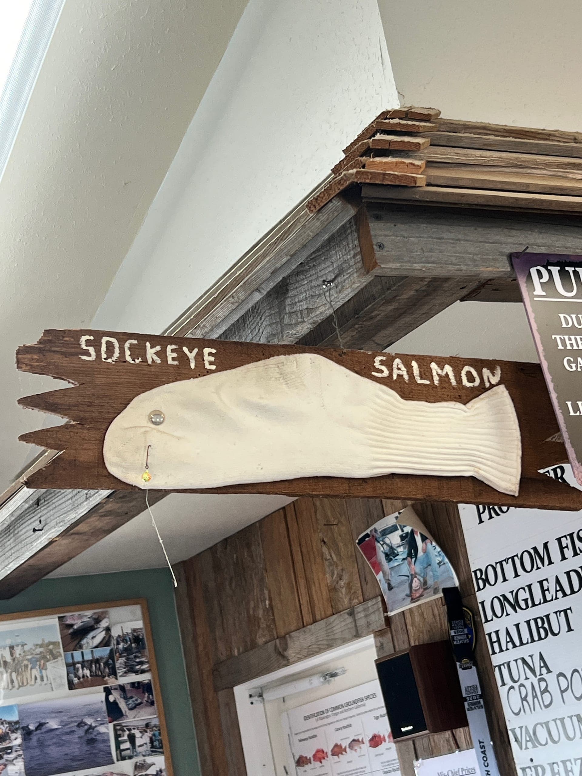 A large white sock with a googly eye mounted like a fish under a label that says Sockeye Salmon.