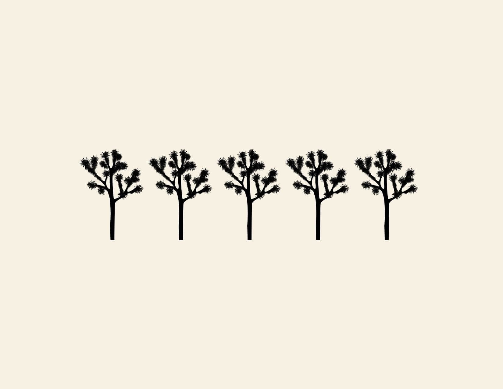 Silhouette drawing of a row of five Joshua trees — a placeholder until we visit Joshua Tree.