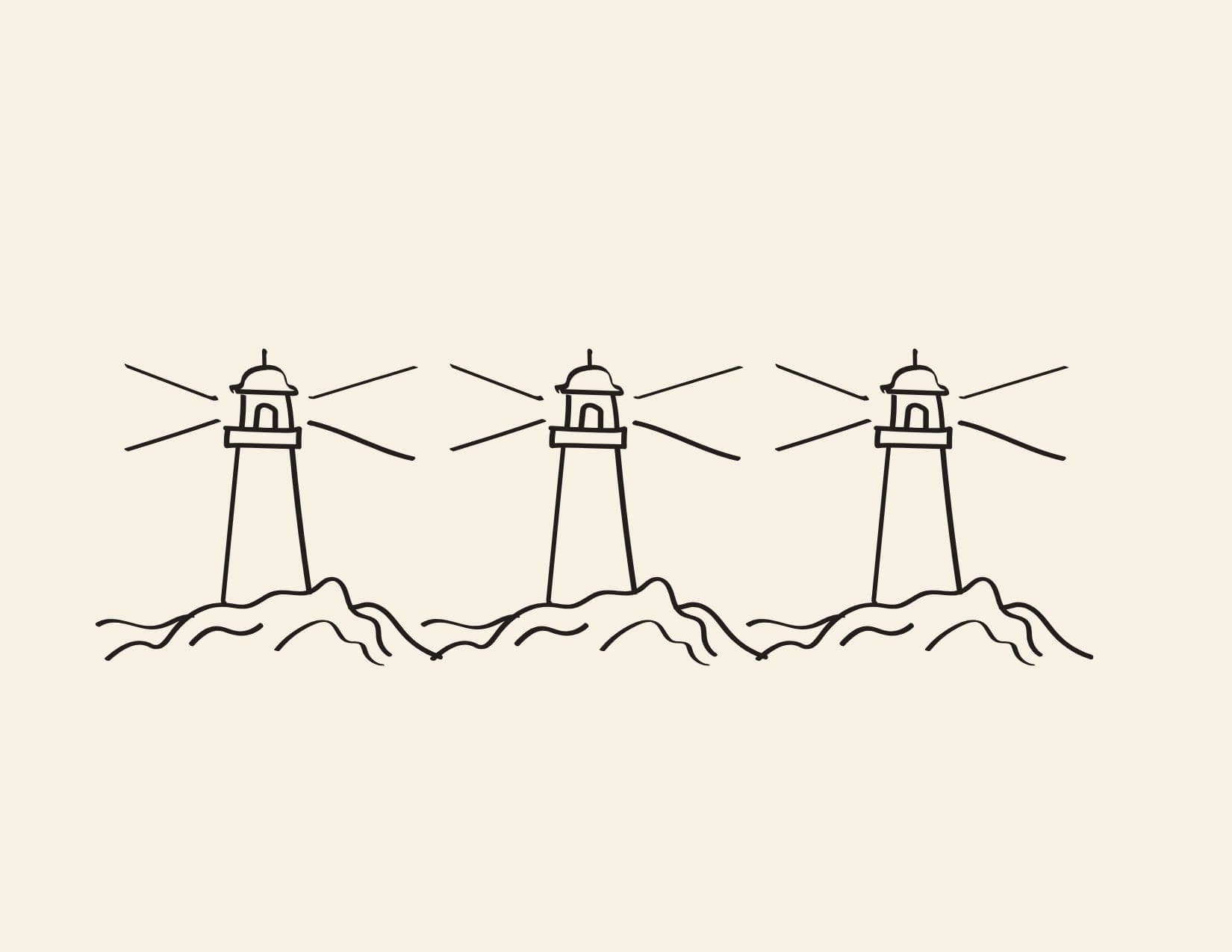 Line drawing of three lighthouses with beams of light — a placeholder until we visit Fort Bragg.